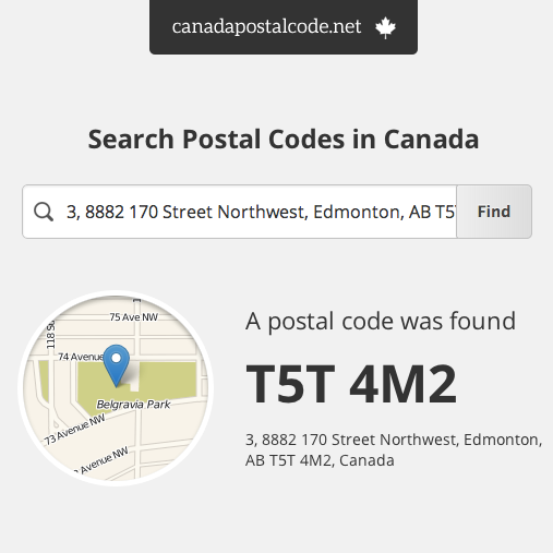 Find postal codes in Canada